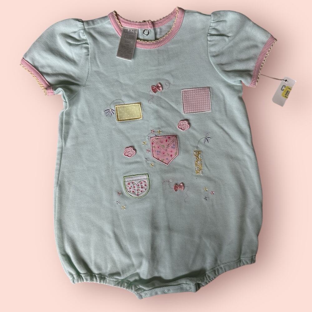 Vtg Bubble Romper Baby Girls 9 Months Pastel Green Pink NWT NOS Ruffle 90s